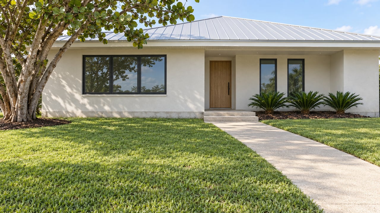 White stucco home with a pale metal roof, broad front lawn, and concrete entry walk beside a sculptural sea grape tree.