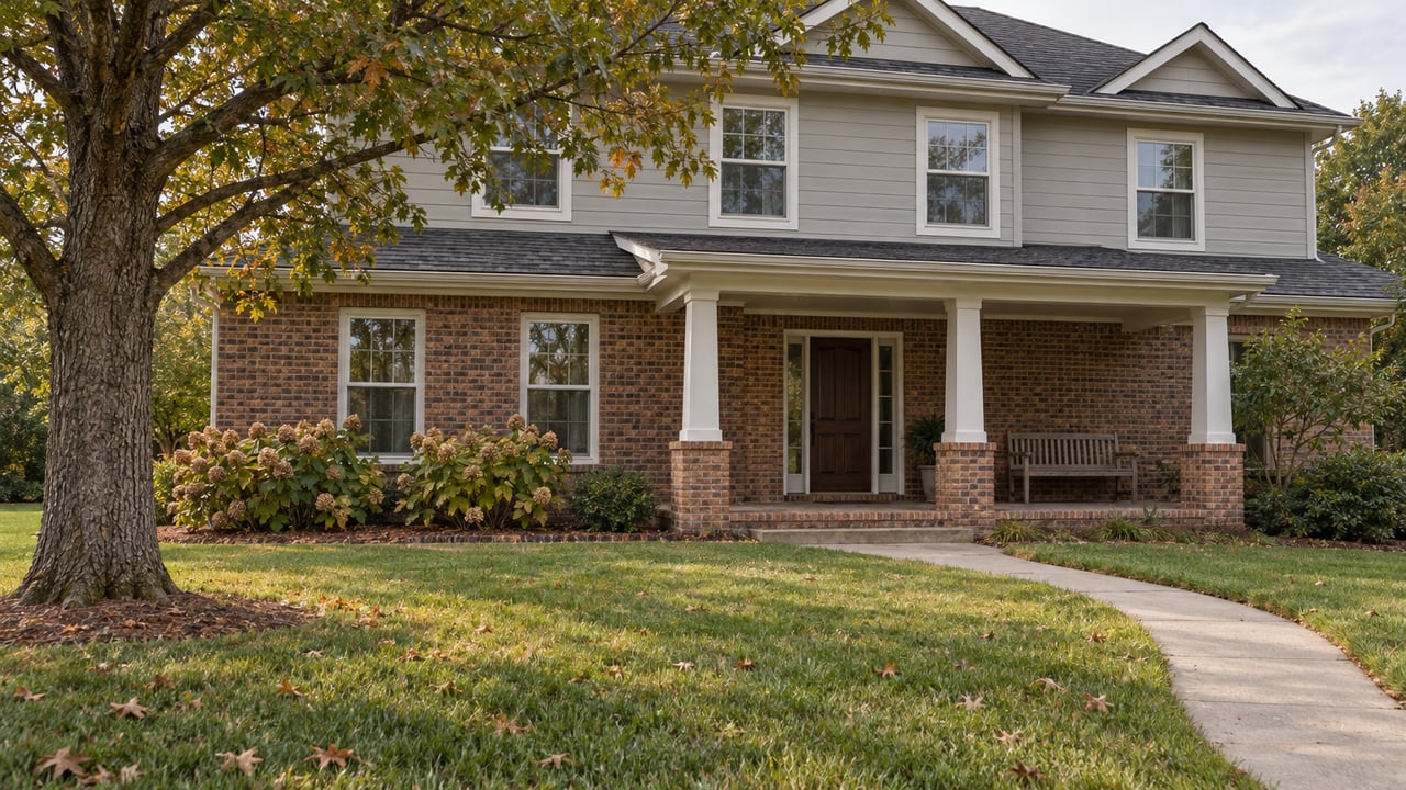 Two-story brick and gray-sided home beyond a broad autumn lawn, with a covered porch and mature oak.