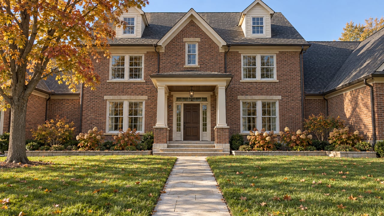 Traditional brick home with ivory dormers, a limestone entry walk and amber autumn maple canopy above a broad lawn.
