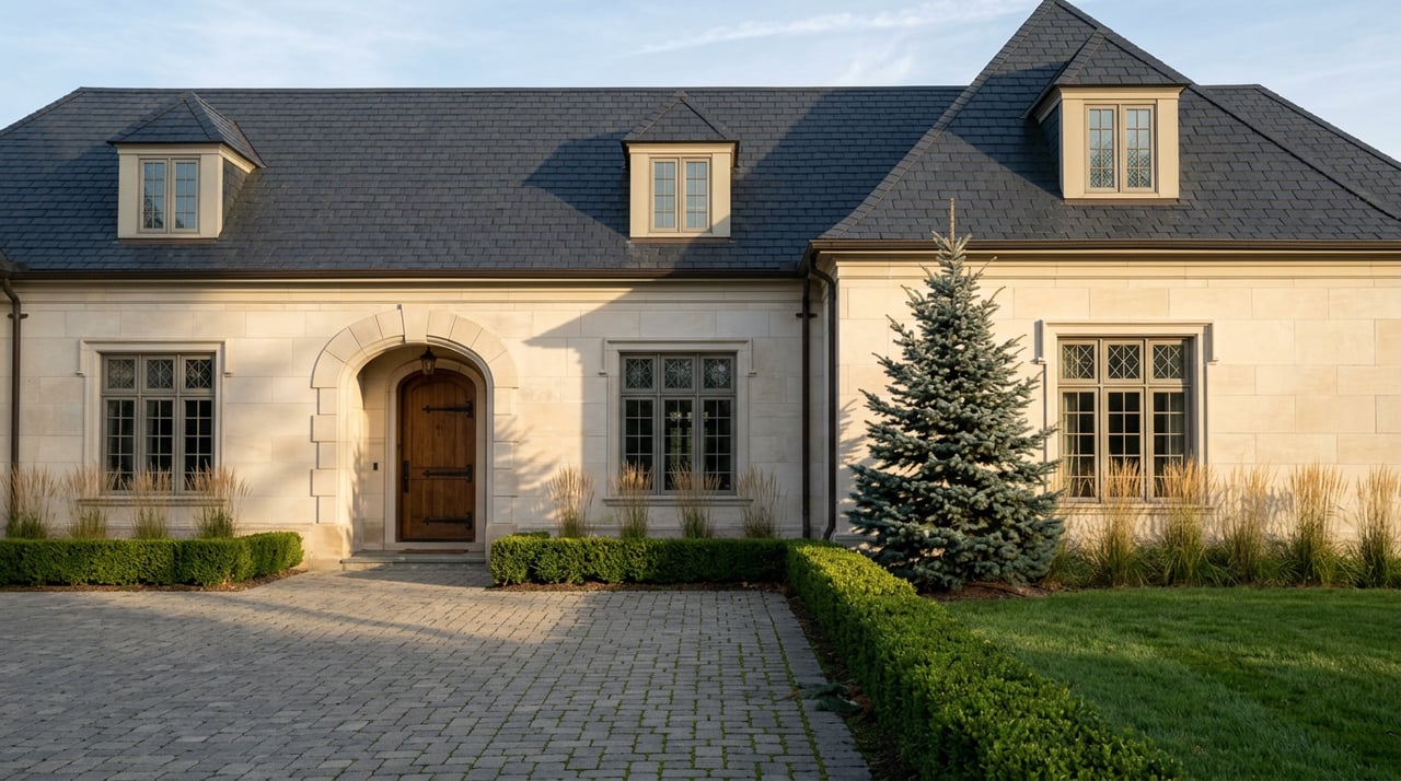 Limestone estate with slate roof, arched wood entry, spruce tree, and boxwood hedge beside a paver court.