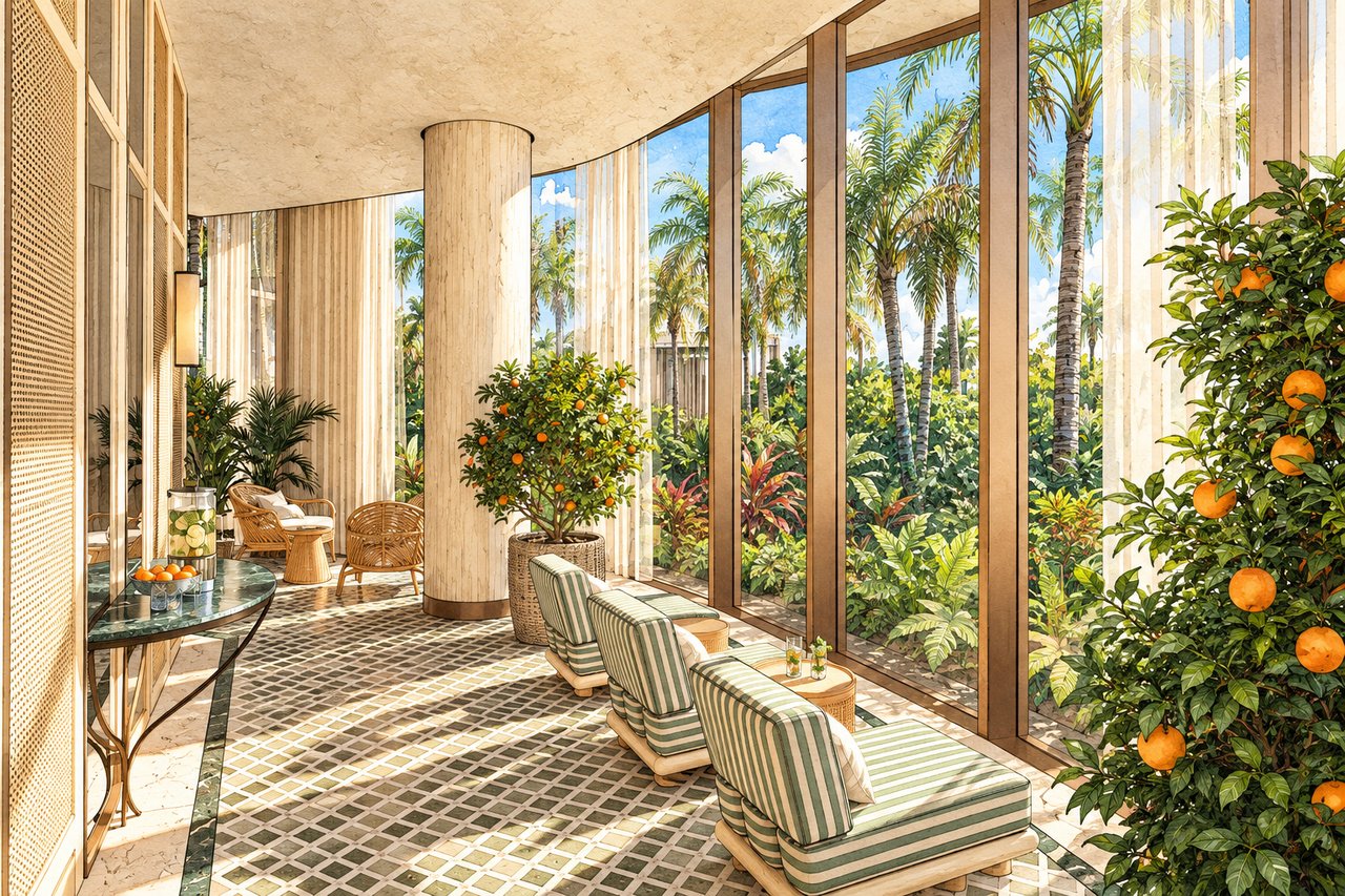 Sunlit lounge with striped chaise lounges, floor-to-ceiling windows, and a tropical garden view.