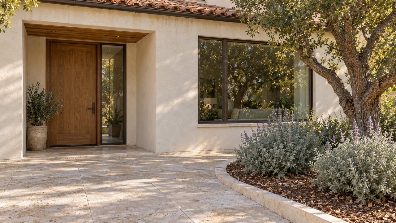 Morning sunlight on an ivory plaster home with a recessed oak front door, bronze-framed window, limestone walkway, and oak-shaded planting bed.