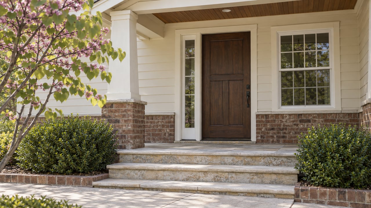 Cream-sided house entry with walnut door, narrow sidelight, brick plinth, limestone steps, and redbud branches.