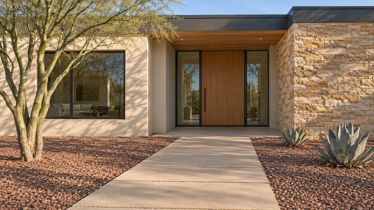 Cream stucco home with a recessed wood entry, sandstone pier, broad concrete approach, and sculptural desert planting.