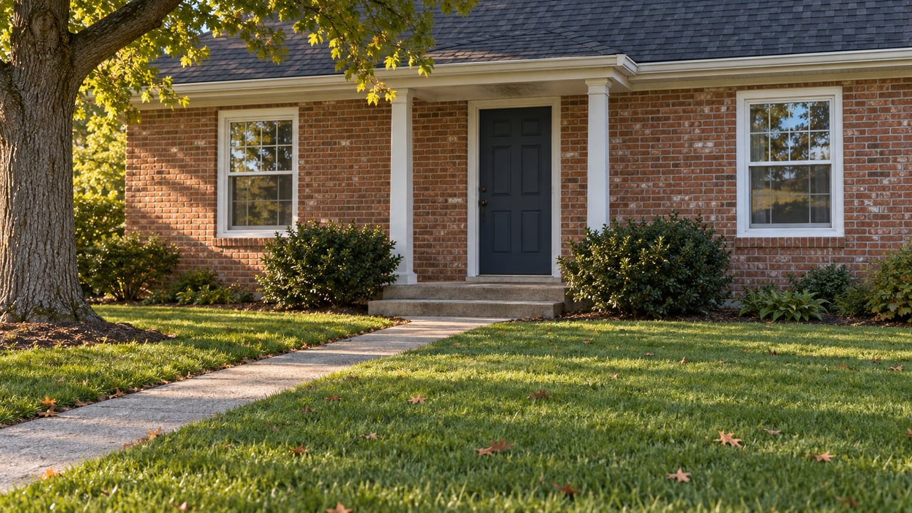 Brick suburban house with a slate-blue door, white-trimmed windows, and a concrete walk across the lawn.
