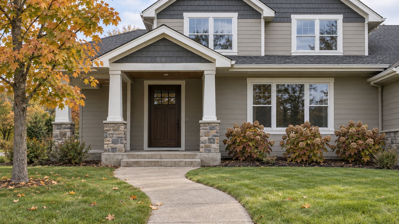 Newer two-story home with gray siding, stone porch bases, an oak entry door and an autumn lawn beside a curving concrete walk.