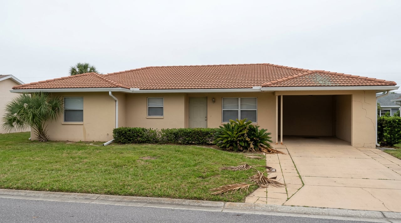 Sand-colored stucco ranch home with a terracotta tile roof, attached carport, paver driveway, and palmetto.