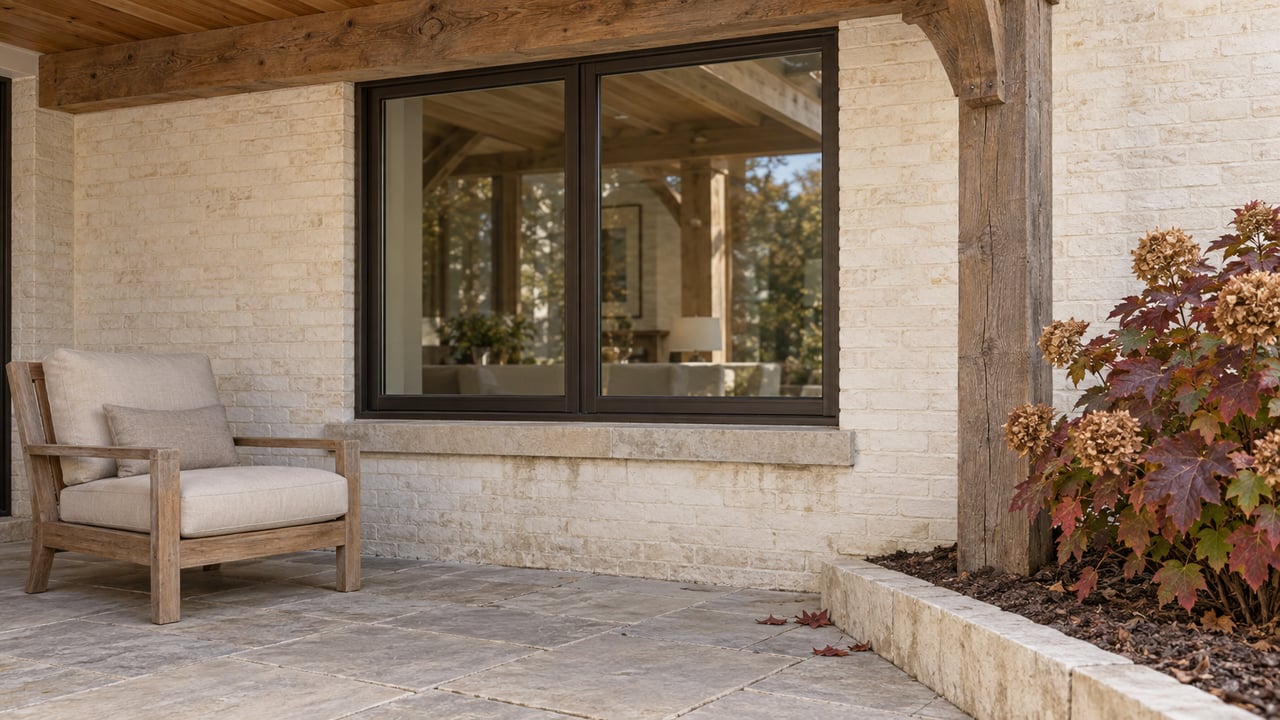 Covered terrace with weathered timber beams, a bronze-framed window, teak lounge chair, and burgundy oakleaf hydrangea beside a limestone curb.