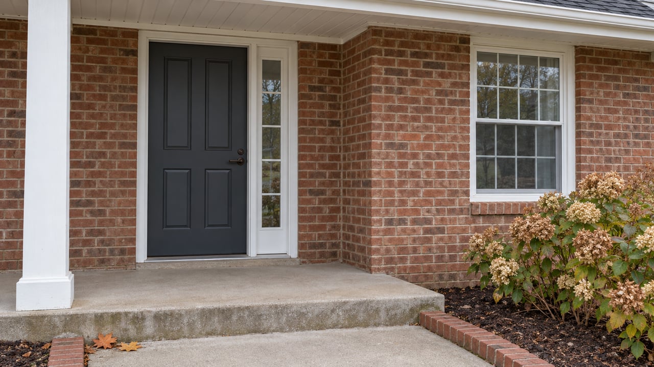 Close view of a brick home's covered entry with a charcoal door, white window trim, weathered concrete steps and dried hydrangea flowers.