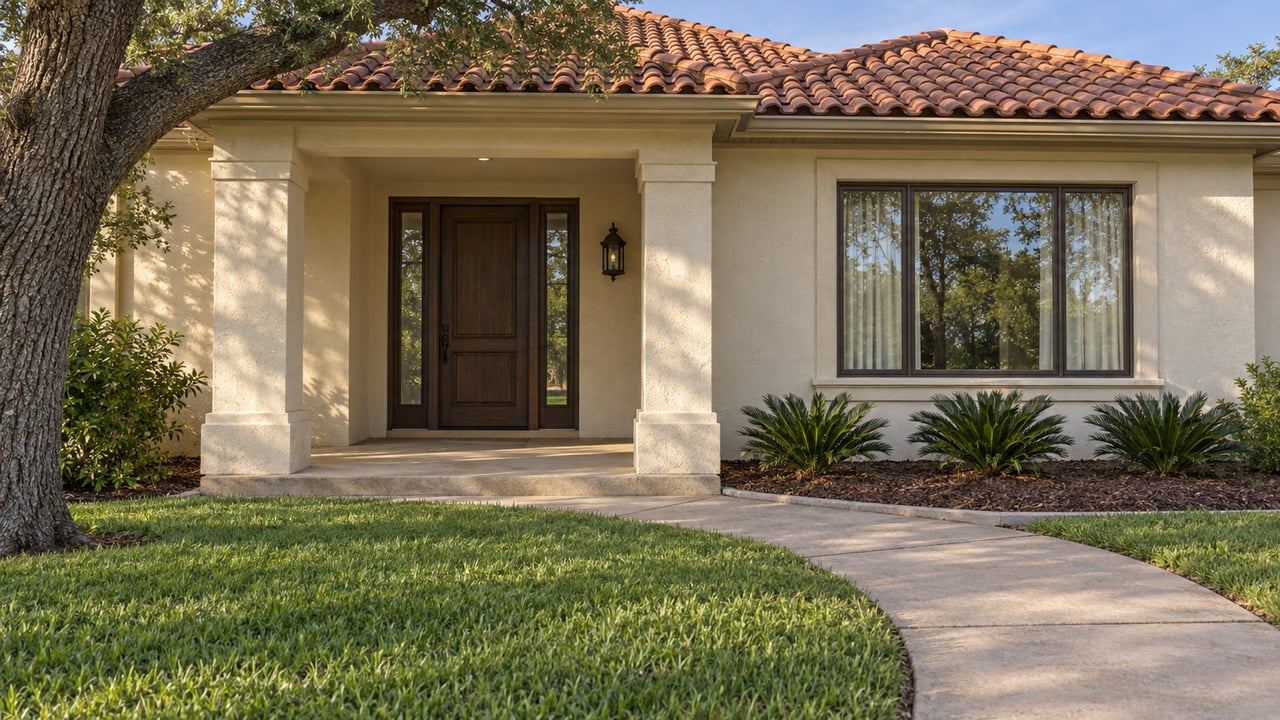 Sunlit ivory stucco home with a terracotta tile roof, covered entry, curved concrete walk and mature oak beside a broad lawn.