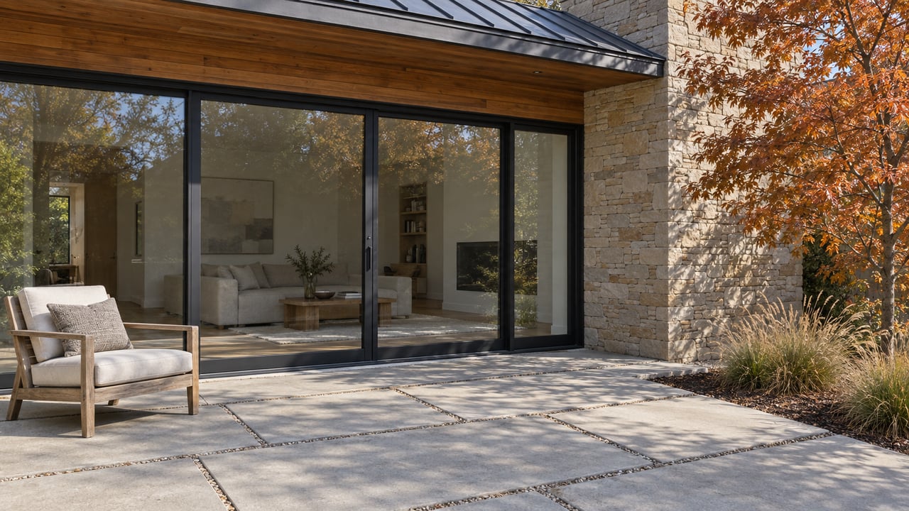 Autumn light on a cedar and sandstone home overlooking a concrete-paved terrace with a teak chair and orange-leaved maple.