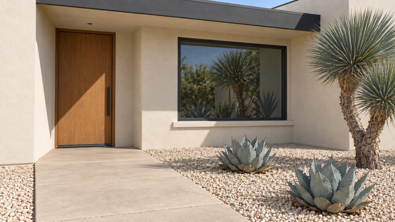 Sunlit ivory stucco home entry with a wood door, charcoal-framed window, concrete walk, sculptural yucca and agaves in pale gravel.