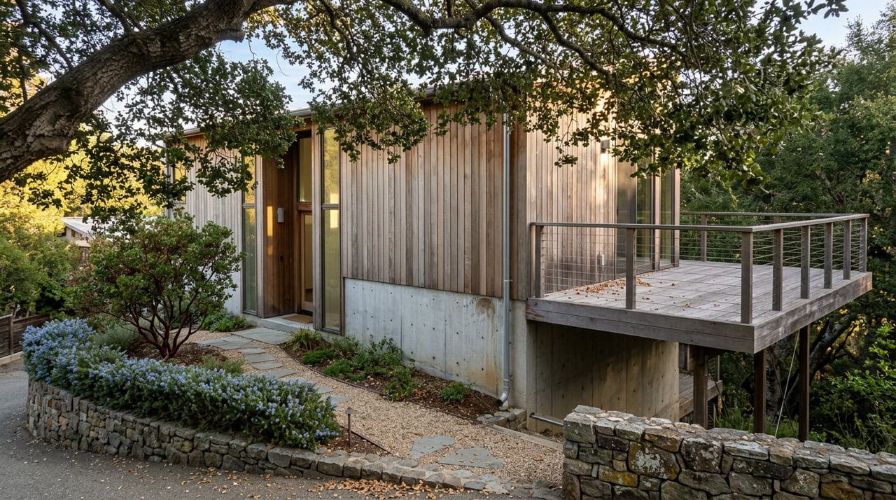 Hillside home with cedar siding, concrete base, cantilevered deck, terraced stone path, and oak canopy.