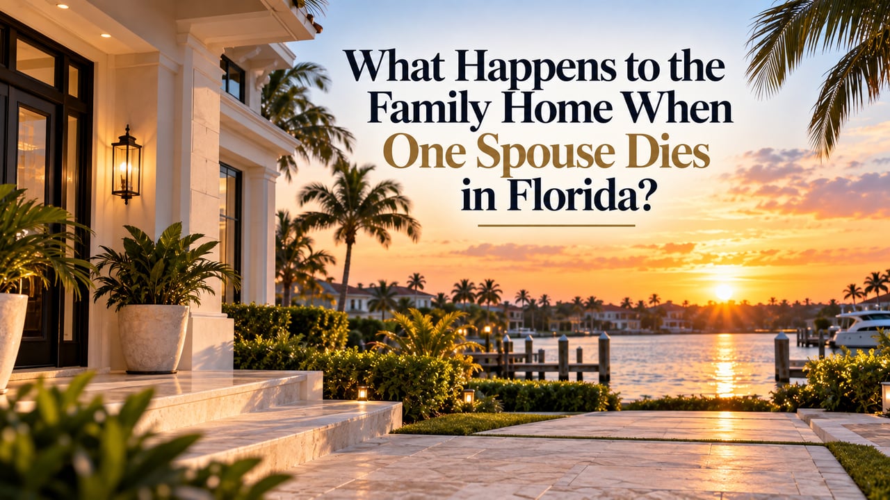 Florida waterfront family home illustrating what happens to real estate when one spouse dies, including surviving spouse rights, homestead protection, property ownership, and probate considerations in Florida.