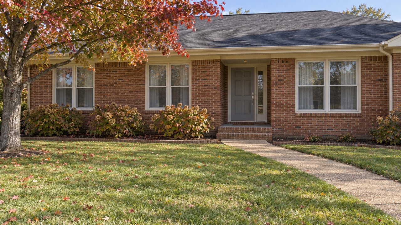 Single-story reddish brick home behind a broad autumn lawn, with cream window frames, a gray entry door and a diagonal concrete walk.
