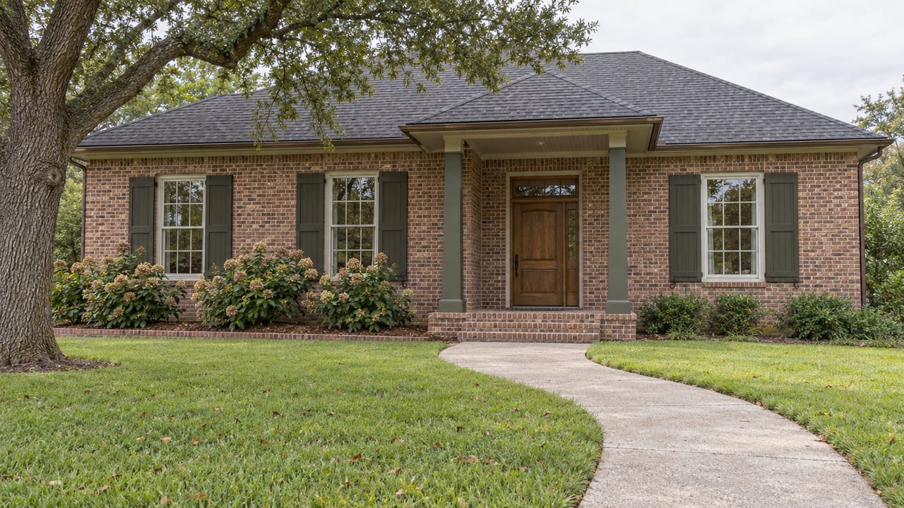 Brick house with a covered entry, dark shutters, and a curved walkway through the lawn.