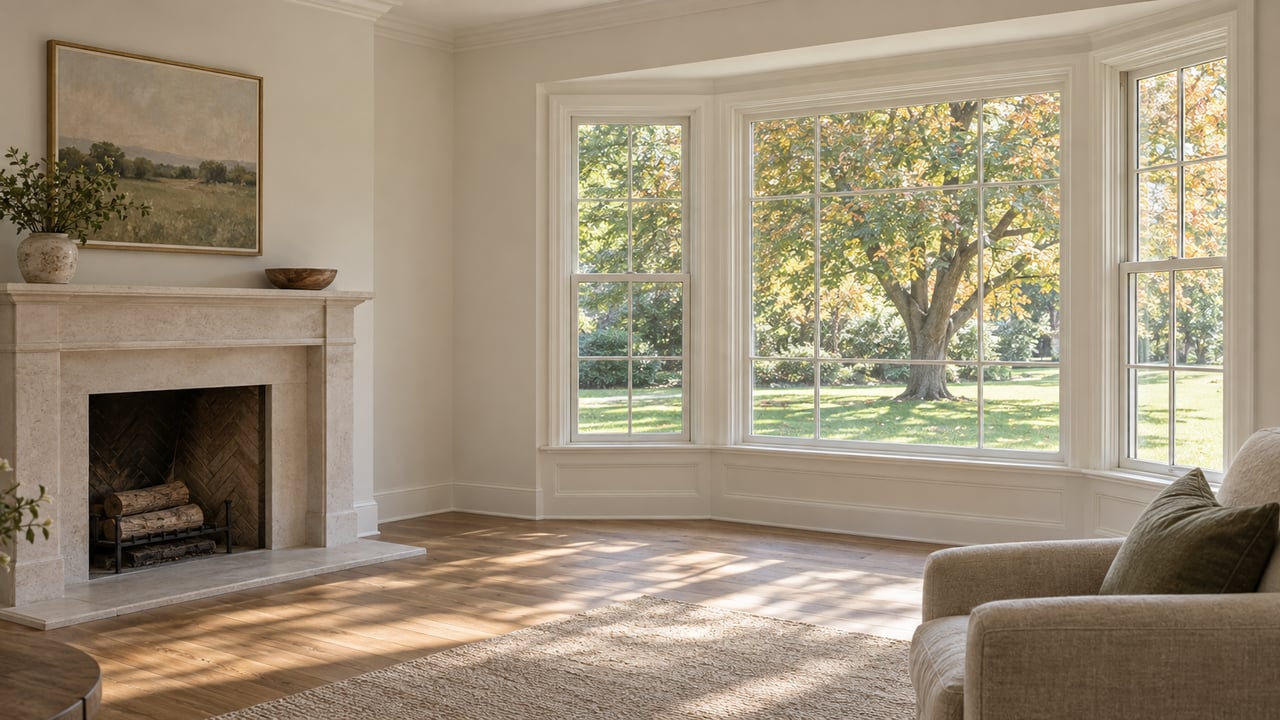 Living room with a limestone fireplace, bay windows, oak flooring, and an amber-tipped maple beyond the glass.