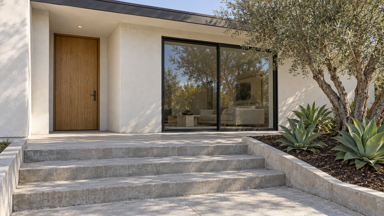 Low-angle view of an off-white stucco home with concrete entrance steps, an oak door, black-framed glass and a mature olive tree.
