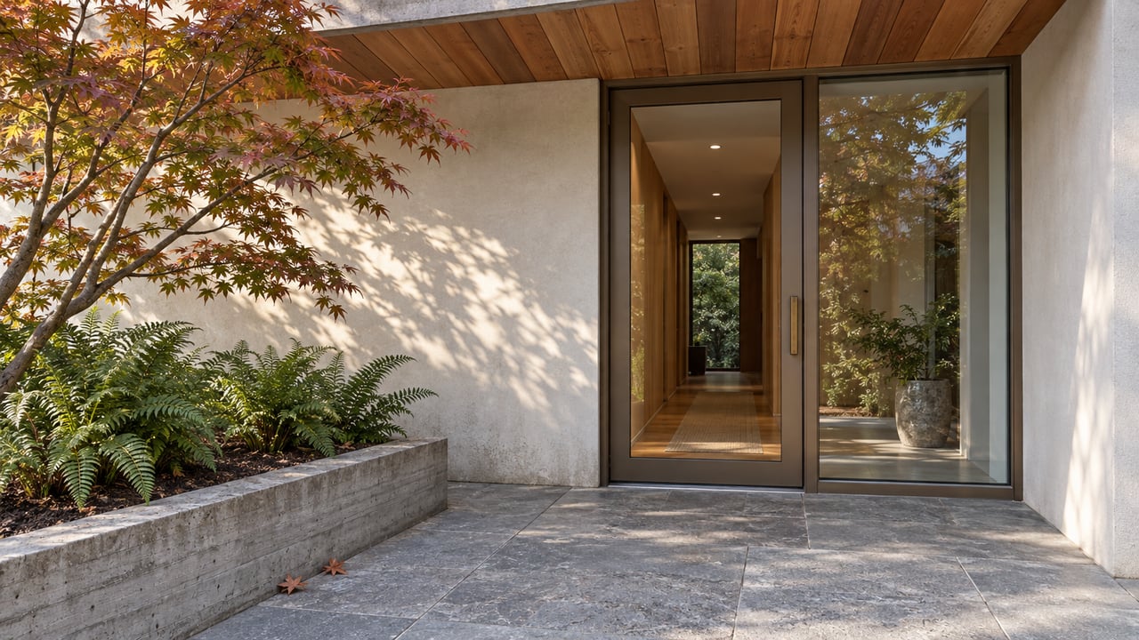 Contemporary home entry with a cedar soffit, bronze-framed glass door, gray stone landing and Japanese maple in a raised concrete bed.