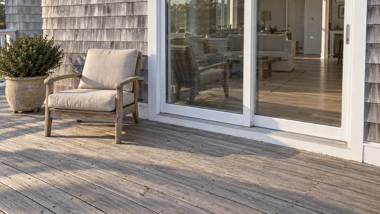 Weathered timber deck beside cedar shingles and closed sliding glass doors, with a teak lounge chair and a compact yaupon holly in a ceramic planter.