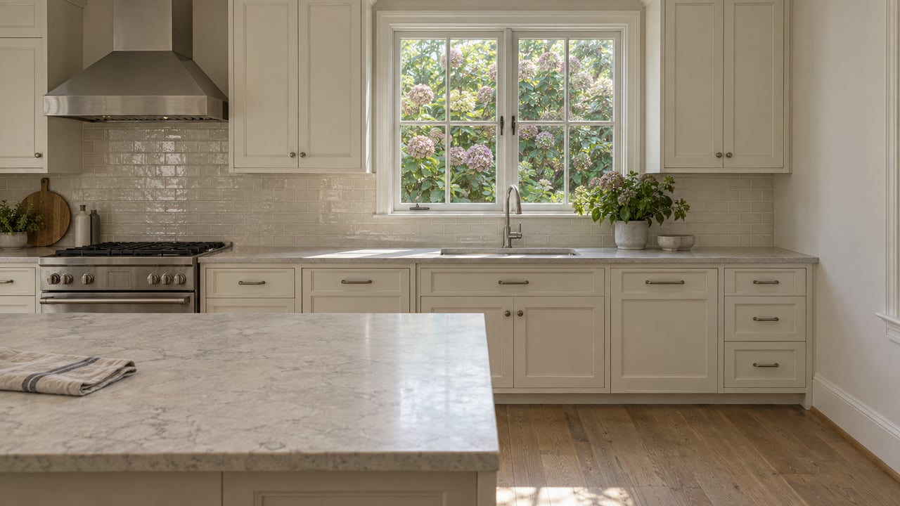 Compact kitchen with off-white cabinets, a centered sink beneath casement windows, and hydrangea foliage outside.