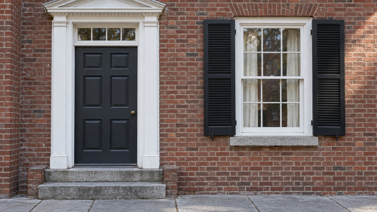 White pedimented residential doorway and shuttered sash window in weathered red brick, above worn granite steps.