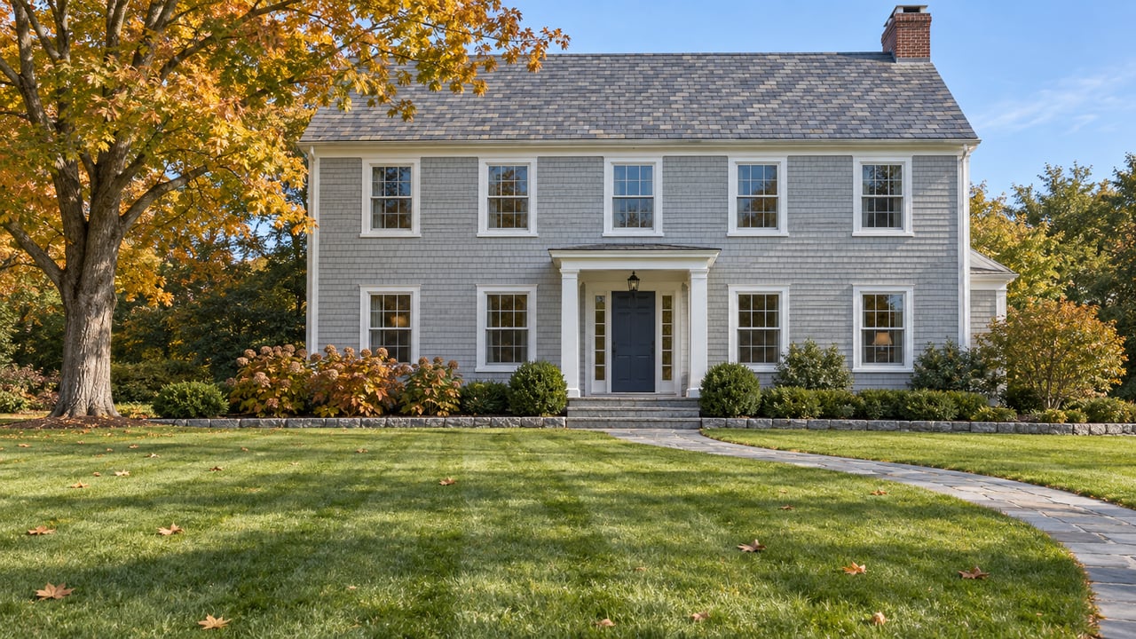Pale gray shingle house with a slate roof behind a broad autumn lawn, a curved stone walk and a mature maple tree.