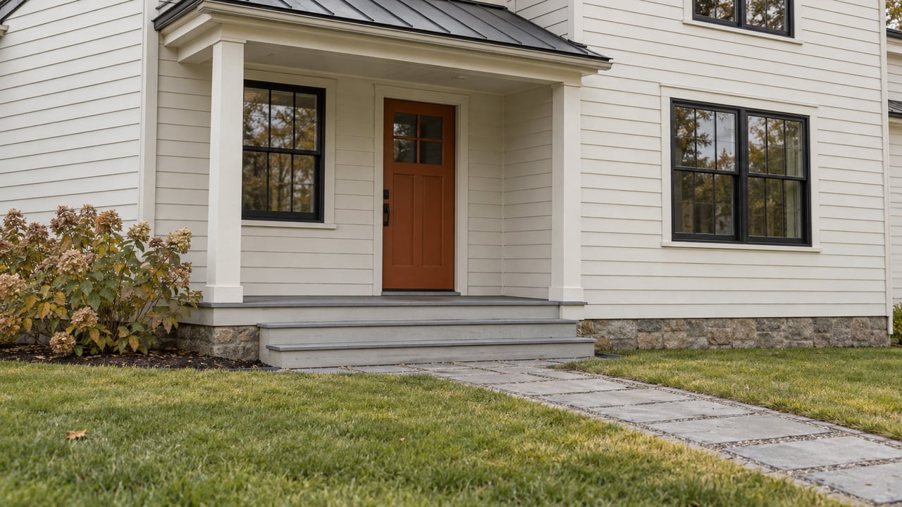 Autumn daylight on a clapboard home's orange entry door, small covered porch and stone approach across a front lawn.