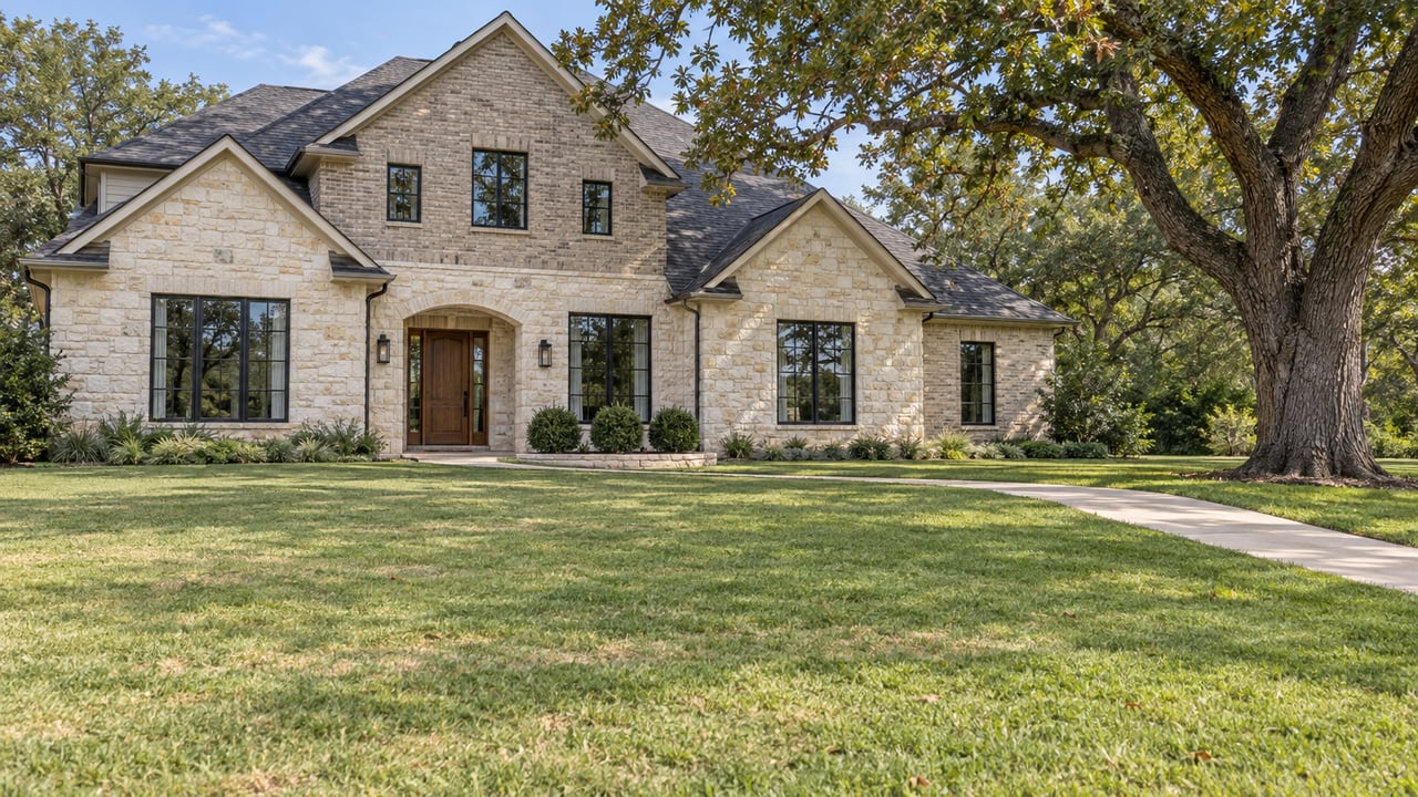 A limestone and pale-brick home beyond a broad lawn, with black-framed windows and a mature post oak.