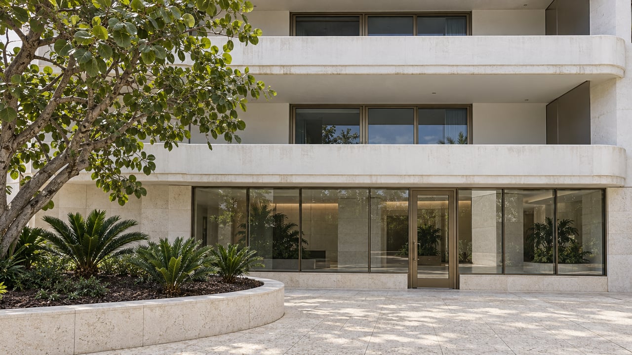 White concrete condominium balconies above a bronze-framed glass lobby, with limestone courtyard paving and a mature sea grape tree.