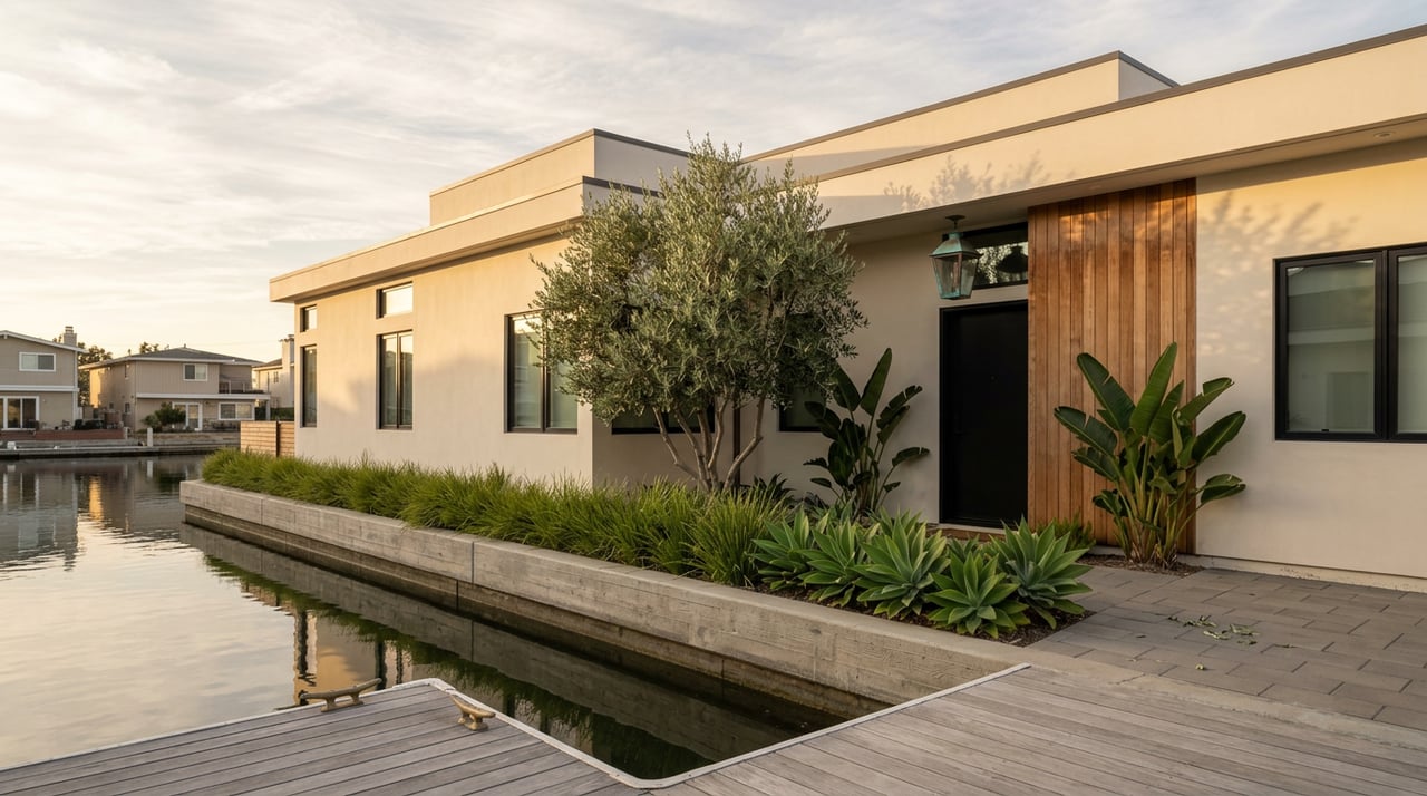Modern stucco waterfront home with an olive tree, viewed across still water beside a concrete seawall.