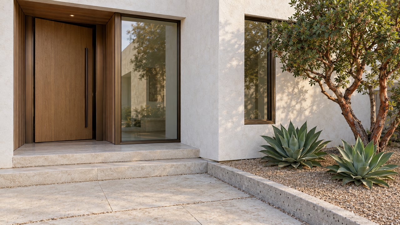 Coastal home with an oak entry door, bronze-framed windows, limestone steps, and agaves beneath an arbutus tree.