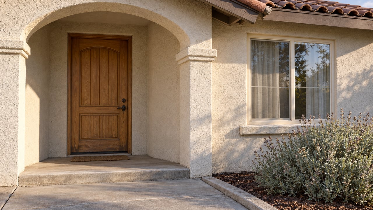 Morning sunlight across a stucco home's arched entry, oak front door, cream-framed window and sage beside a concrete walkway.