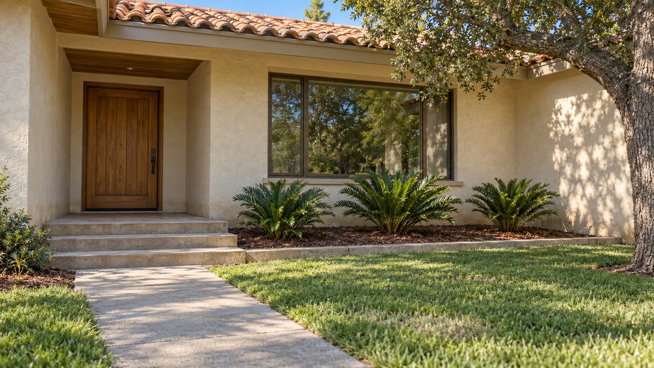 Sunlit ivory stucco home with a terracotta roof, shaded timber door, bronze-framed window and a concrete approach through a green lawn.