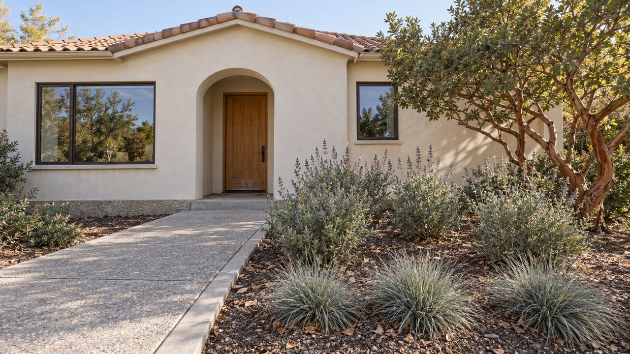 Light stucco home with a clay-tile gable roof, recessed arched oak doorway and drought-tolerant planting beside a concrete approach.