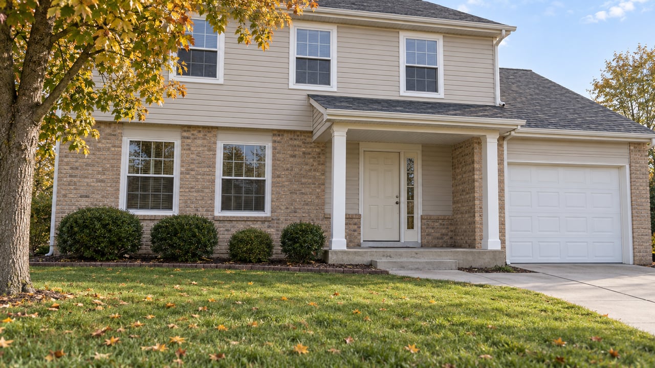 Tan-sided two-story home with buff brick, a covered front entrance, white garage door and broad early-autumn lawn.