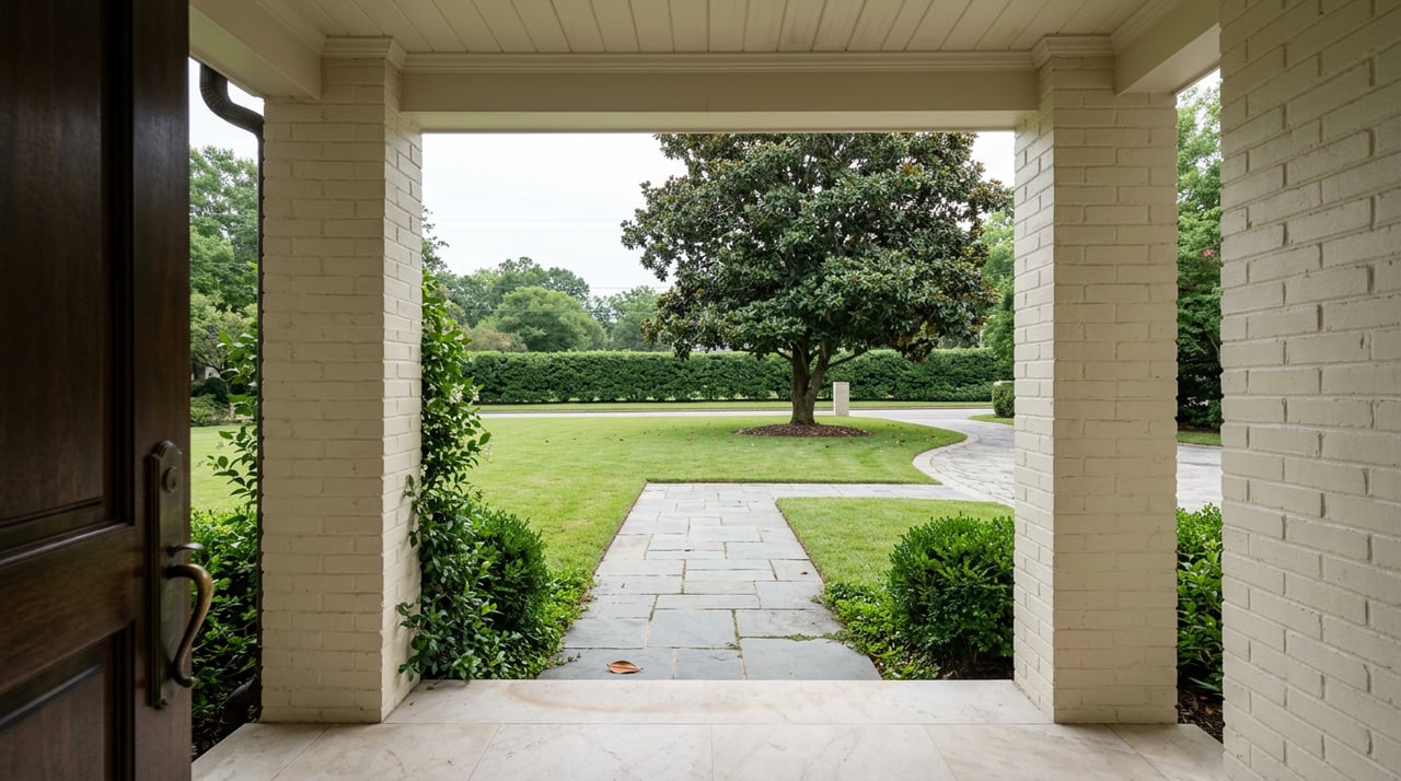 Porch opening frames a bluestone path across a broad lawn toward a mature magnolia.