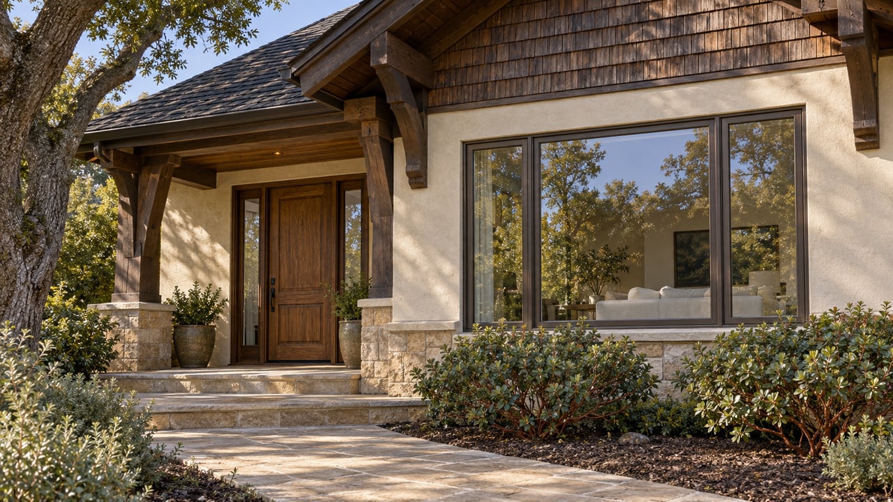 Cream stucco and weathered cedar home with an oak entrance, bronze-framed windows and a sandstone garden approach beneath a mature oak.