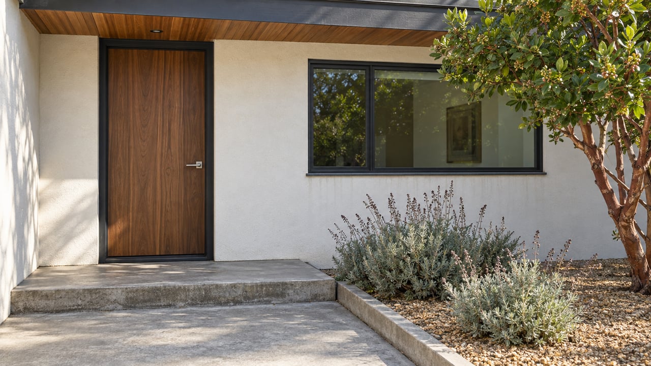 A low-roofed home with warm-white stucco, a walnut front door, a wide window, and a concrete approach beside a small gravel garden.
