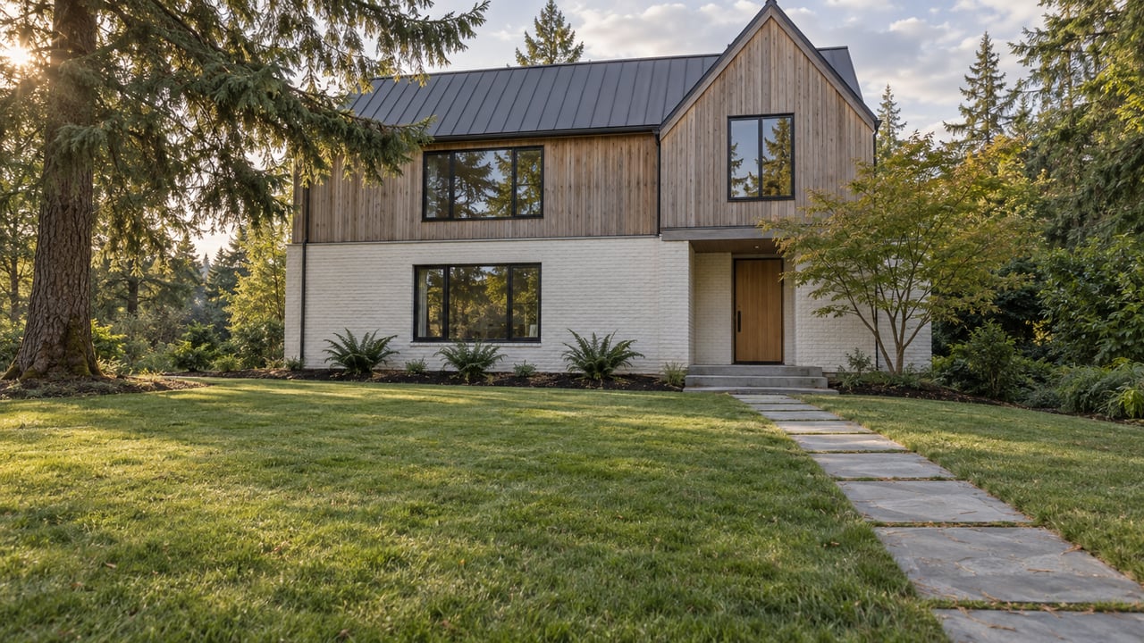 Two-story house with cedar siding and off-white brick, set behind a broad lawn and stone path under a fir tree.