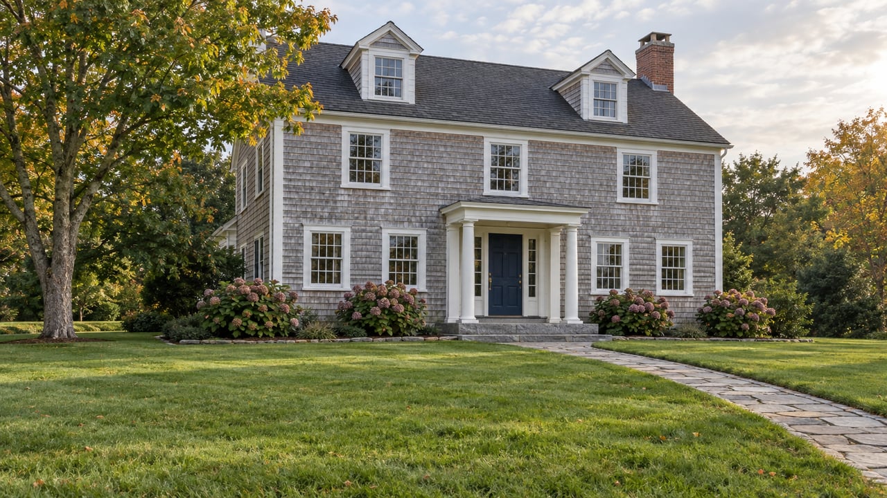 Cedar-shingle house with white trim, a columned entry, broad lawn and hydrangea foundation beds in soft afternoon light.