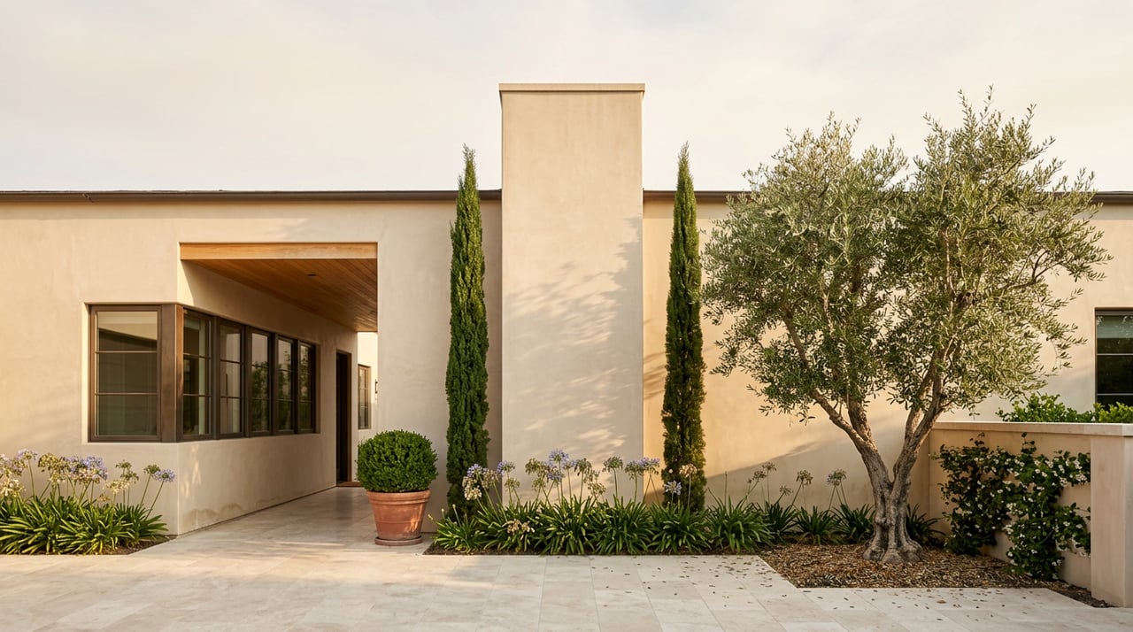 Mediterranean-modern stucco home with a recessed breezeway, olive tree, paired cypress, and travertine forecourt.