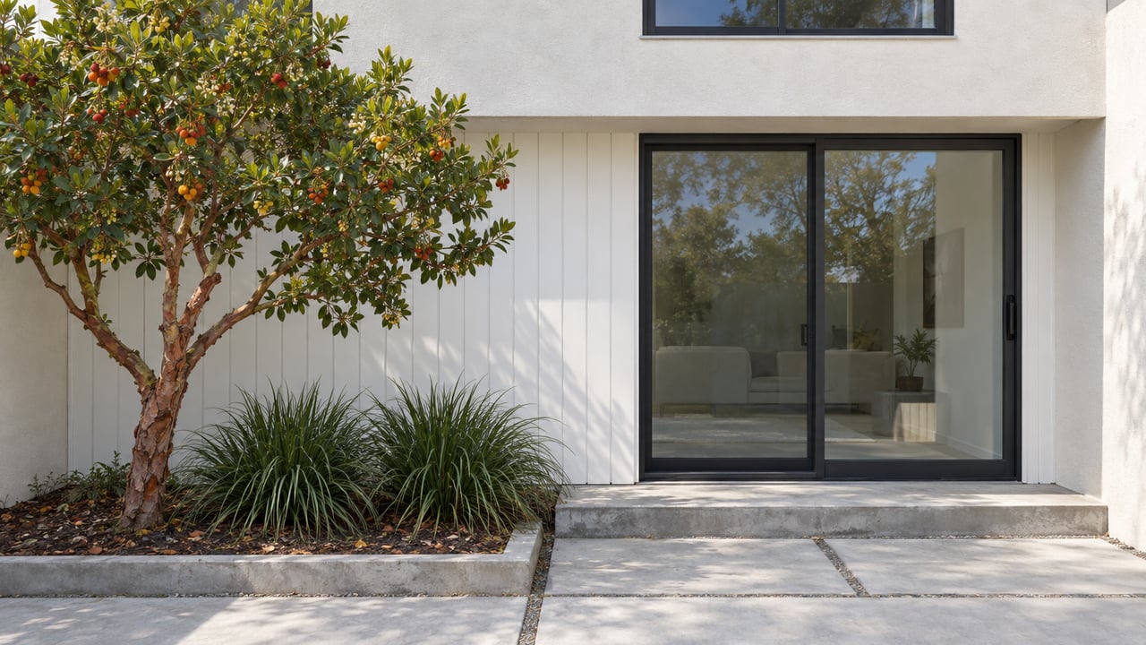 Coastal home facade with a closed glass door, concrete courtyard slabs, and a small strawberry tree in a planting bed.