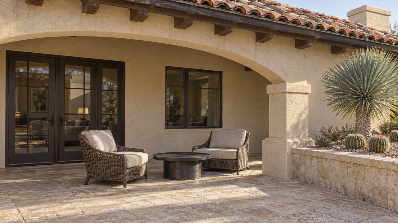 Covered stucco patio with clay roof tiles, bronze glazed doors, woven lounge chairs and a raised stone planter with sculptural yucca.