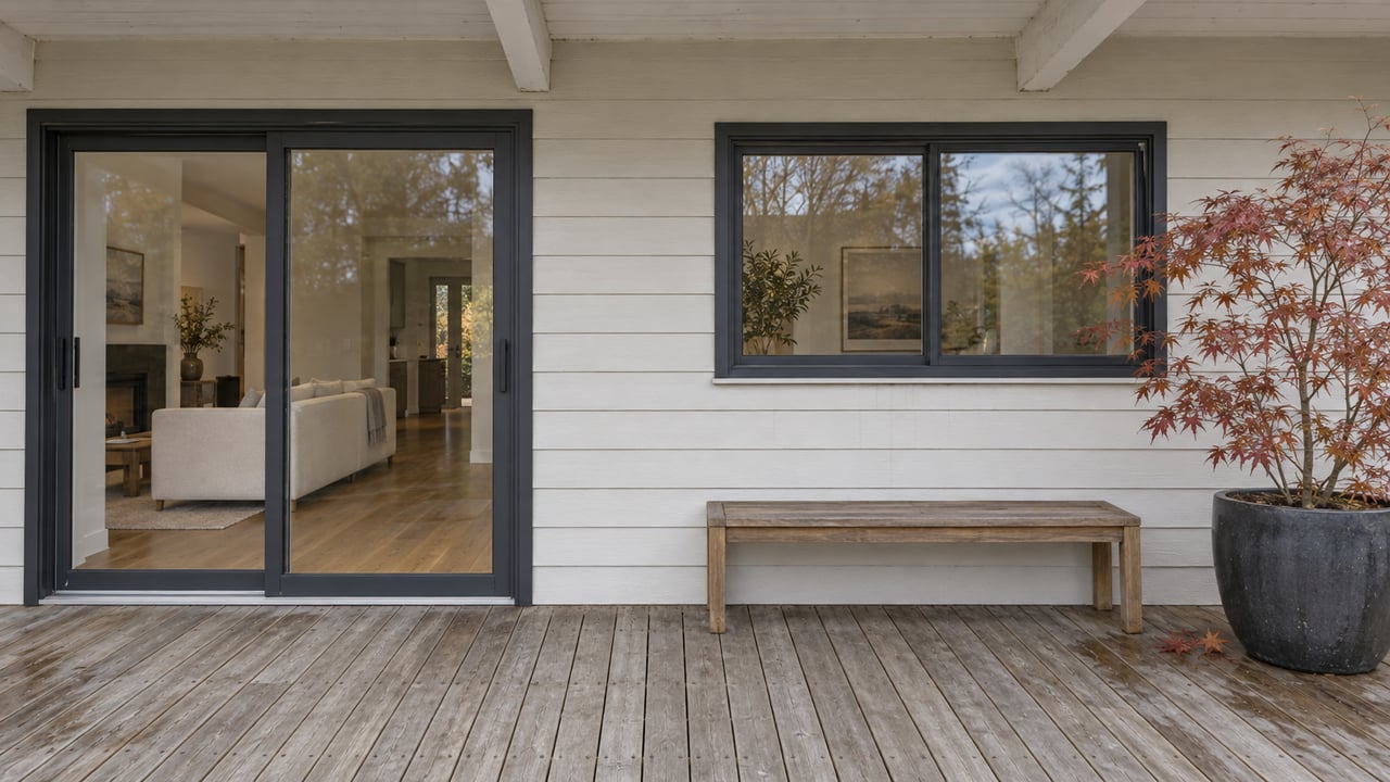 Covered cedar deck beside pale siding and charcoal-framed glass doors, with a teak bench and a copper-leaved Japanese maple in a ceramic container.