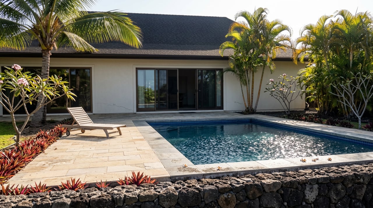 Courtyard home with a rectangular pool, lava-stone wall, palms, plumeria, and an empty teak lounge chair.