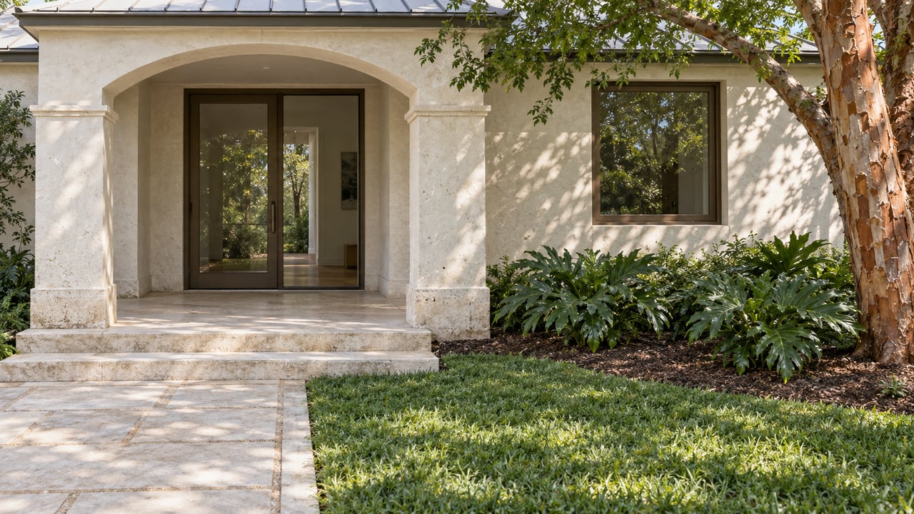 Cream masonry home with an arched porch, limestone garden path and a copper-barked tree in late-morning sunlight.