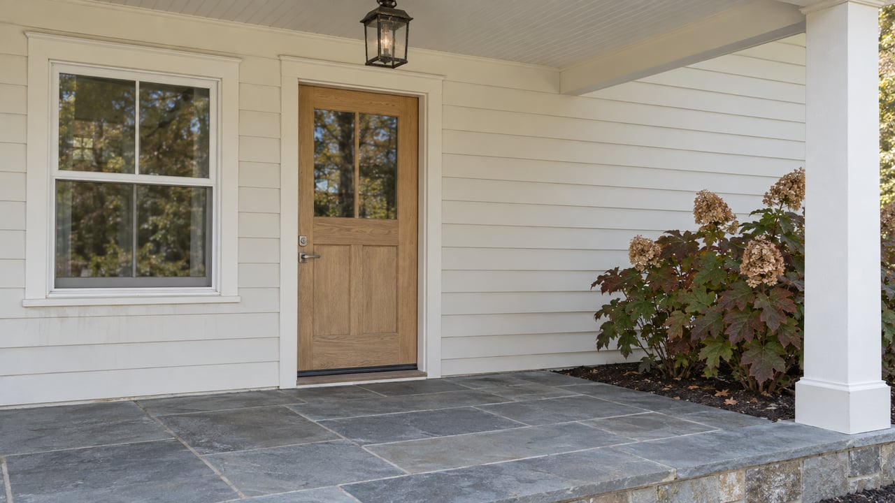 Covered front porch with warm-white siding, a pale oak glazed door, blue-gray stone paving and autumn oakleaf hydrangea foliage.