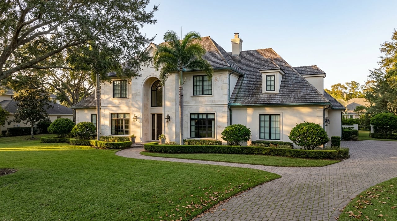 Two-story stone-and-stucco home with an arched entry window, curving paver driveway, live oak, and royal palm.