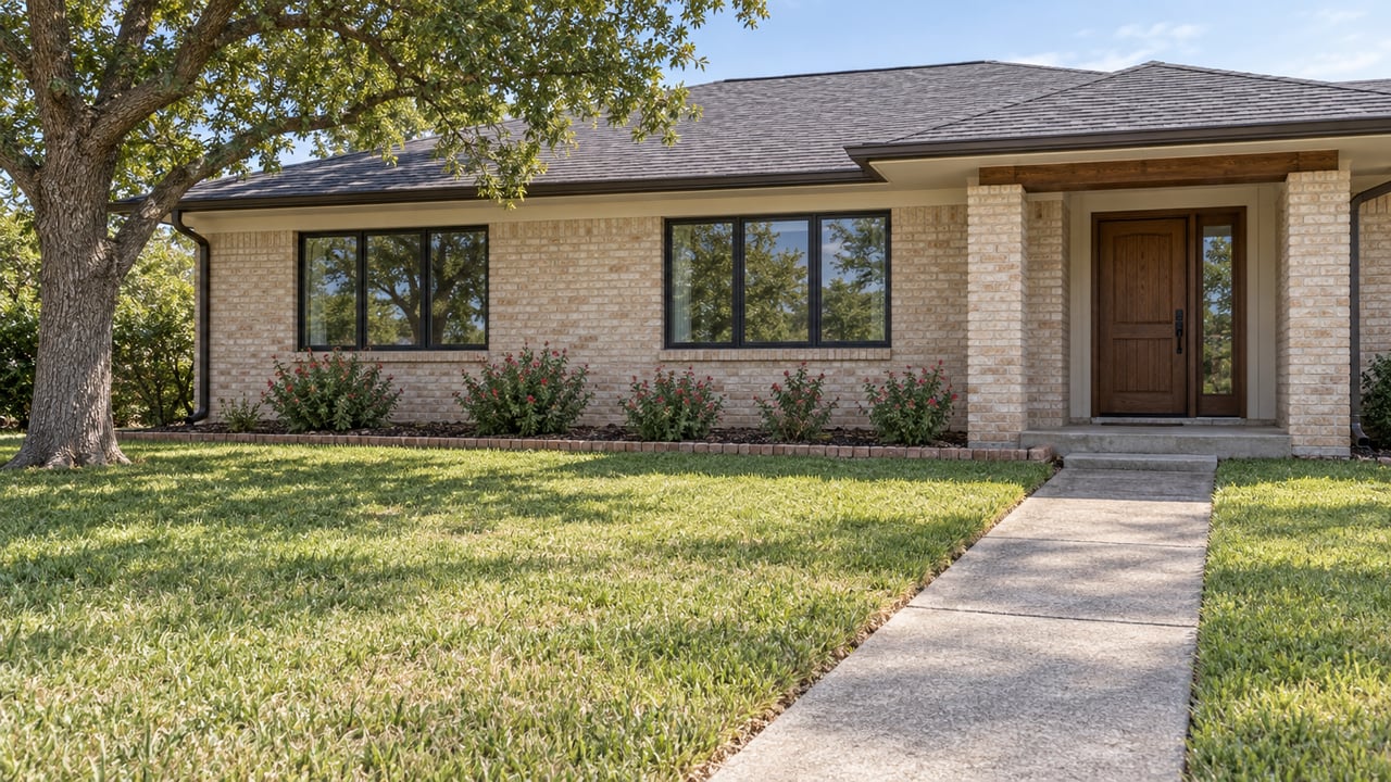 Low view across a deep lawn toward a pale brick ranch home with dark windows, a recessed oak entry, and a mature shade tree.